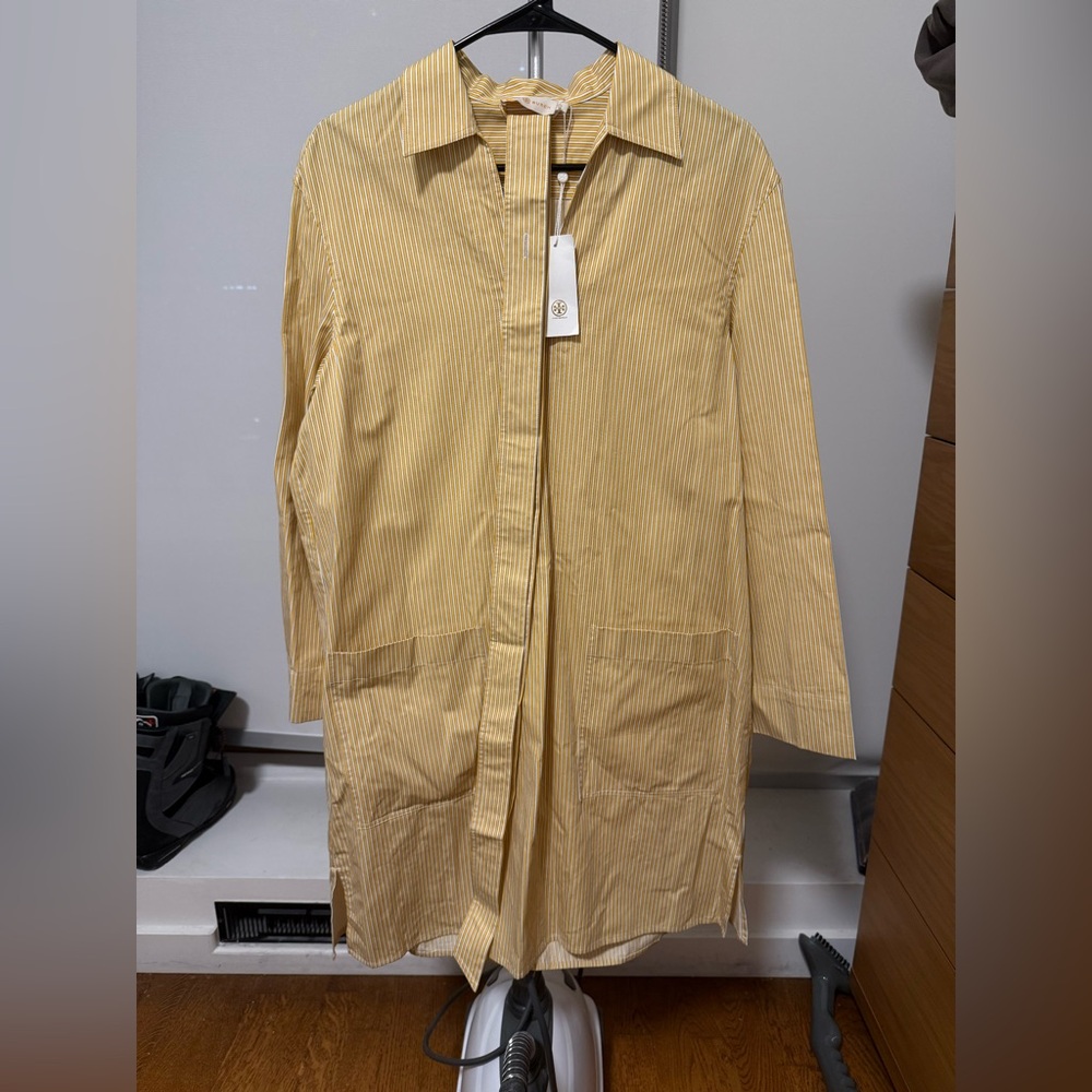 Tory Burch-size 4 Light Yellow Striped Women collar summer dress